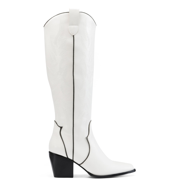 Dallas Embroidered Western Cowboy Knee High Boots - WHITE PU - 2